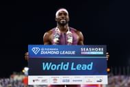 Kenny Bednarek of Team United States celebrates after winning Men's 200 Metres during the 2024 Diamond League Doha meeting at Khalifa International Stadium on May 10, 2024, in Doha, Qatar.